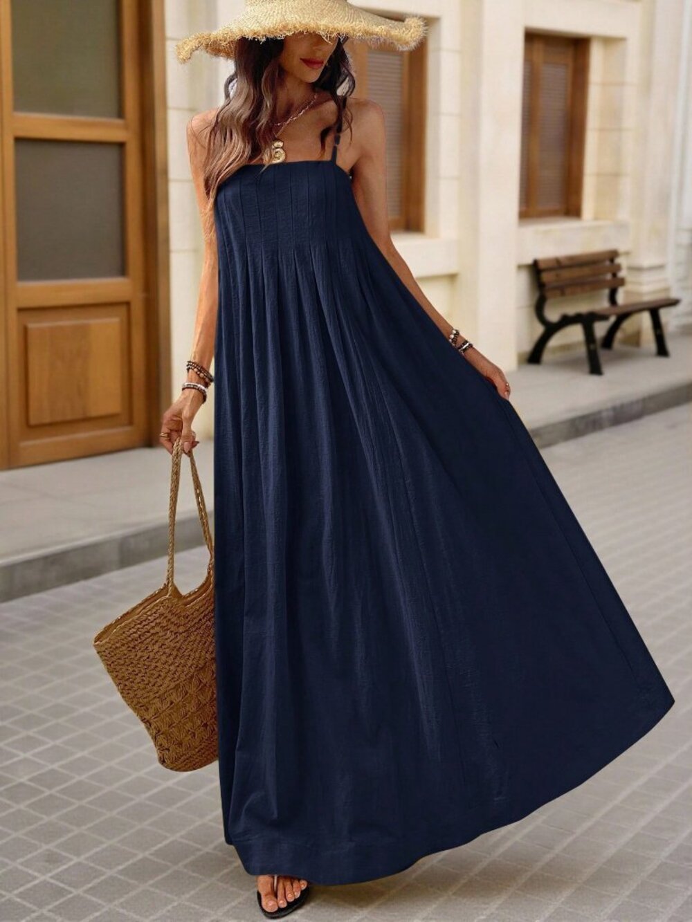Blue Casual Women's square neck loose fit maxi Dress, - Picture 5 of 7